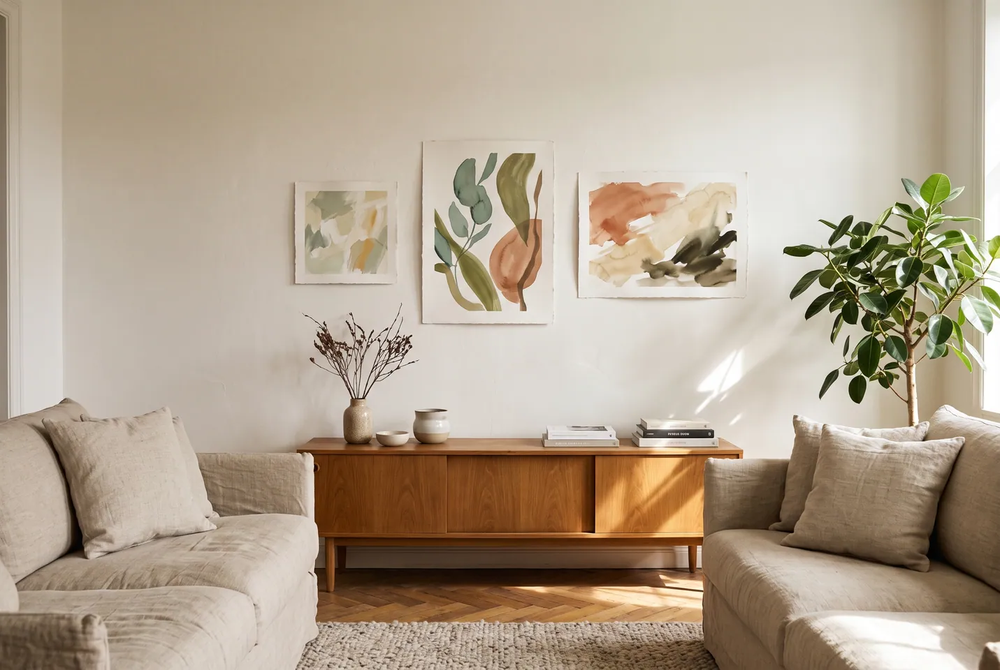 Conceptual illustration: Three botanical artworks in portrait, square, and landscape orientations hang above a console in a bright living room.