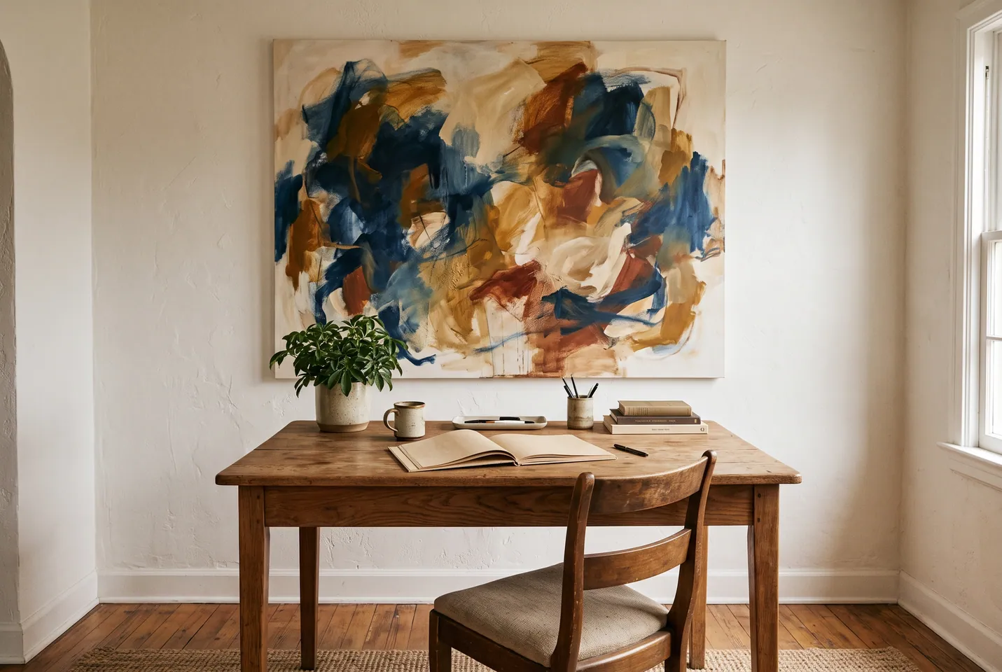 Conceptual illustration: A colorful abstract painting hangs above a wooden desk in a bright creative nook.