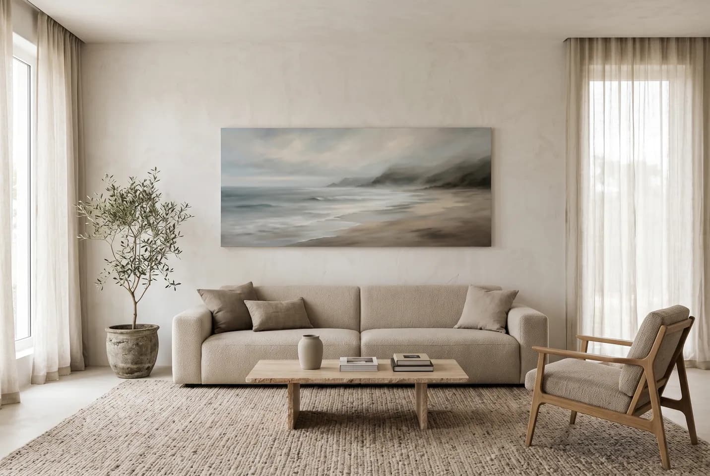 Conceptual illustration: A pale landscape canvas hangs above a neutral sofa in a bright living room.