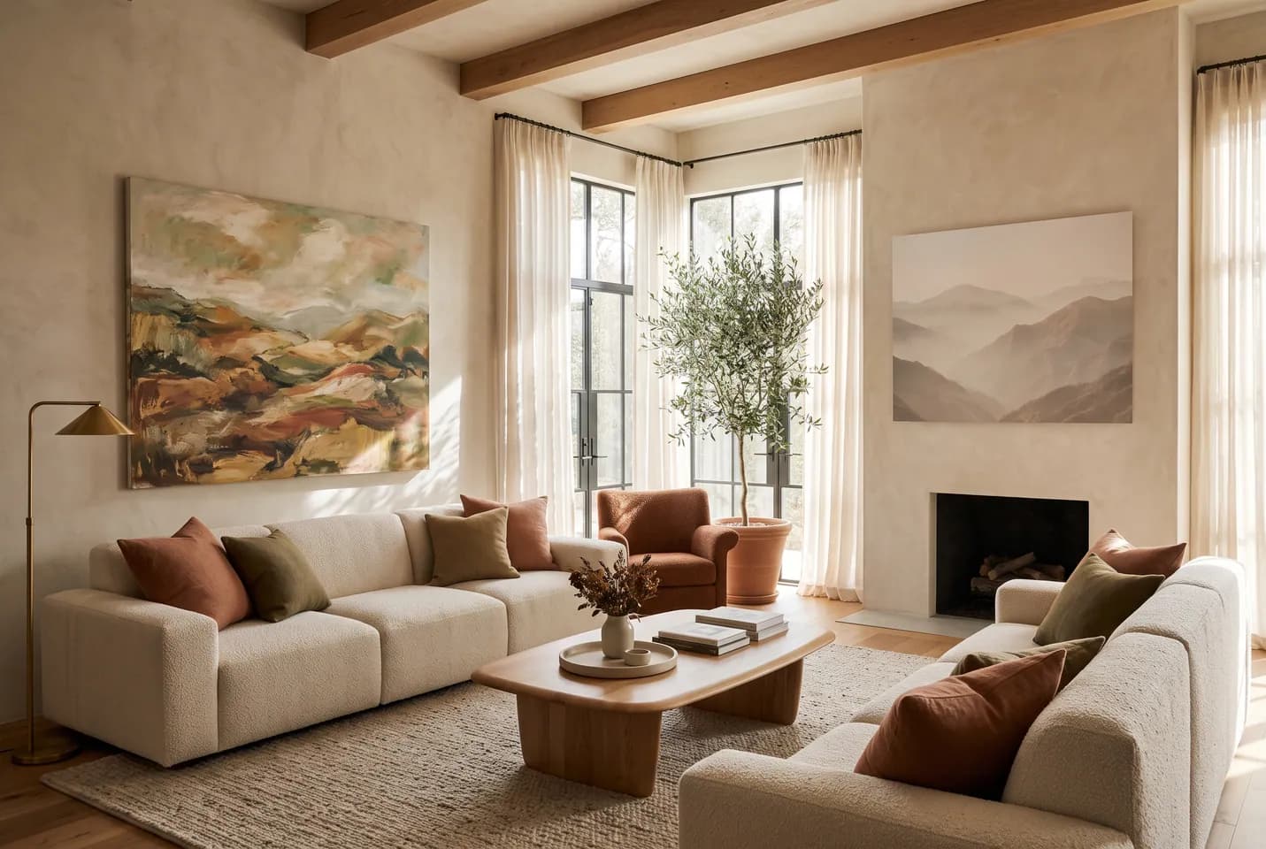 Conceptual illustration: Three paintings in varied styles hang across the walls of a warm, sunlit living room.