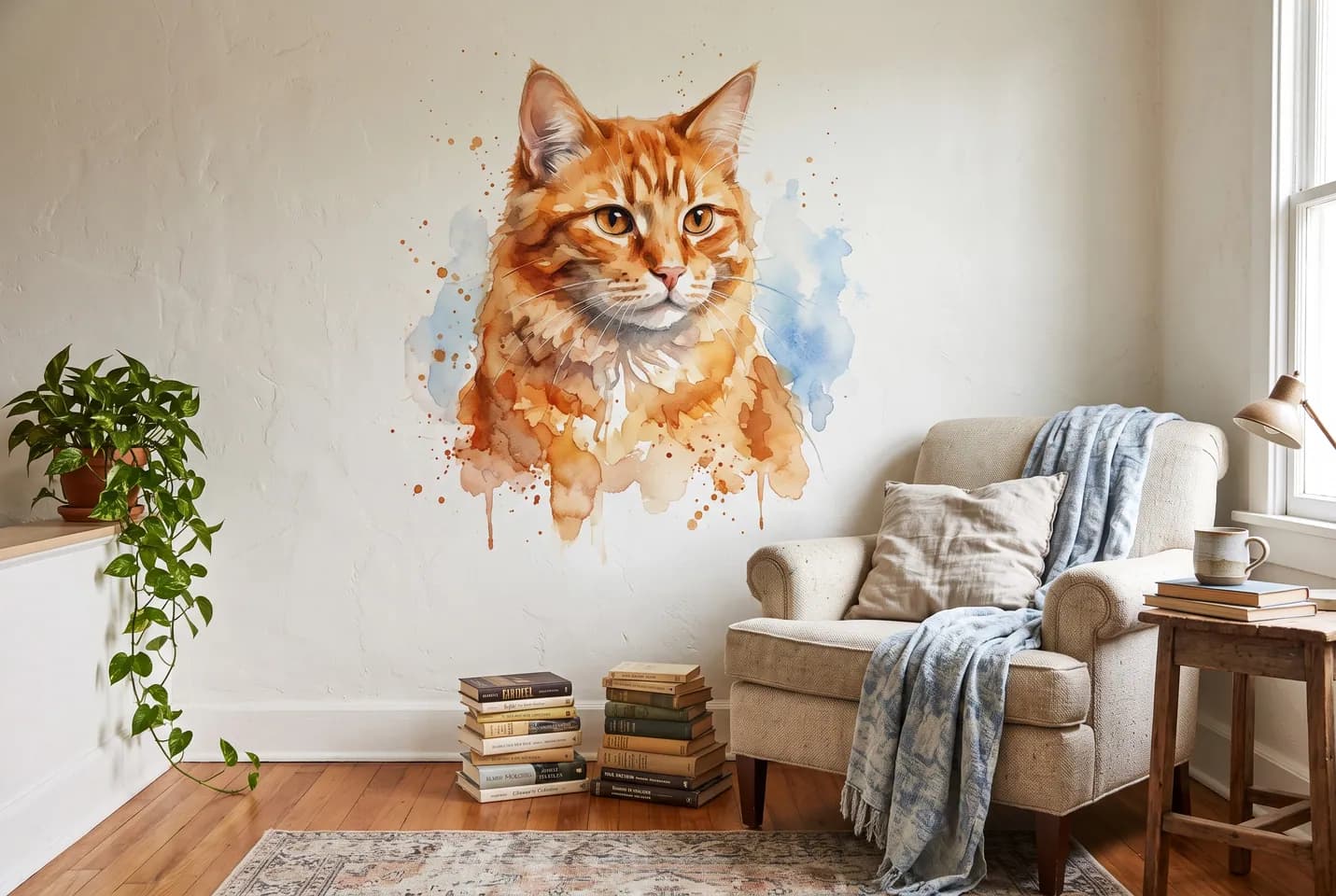 Conceptual illustration: A watercolor portrait of an orange cat hangs in a bright living room.