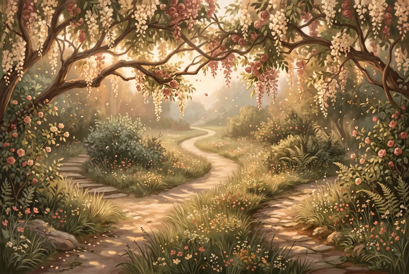 Conceptual illustration: A winding garden path passes beneath flowering branches in golden afternoon light.