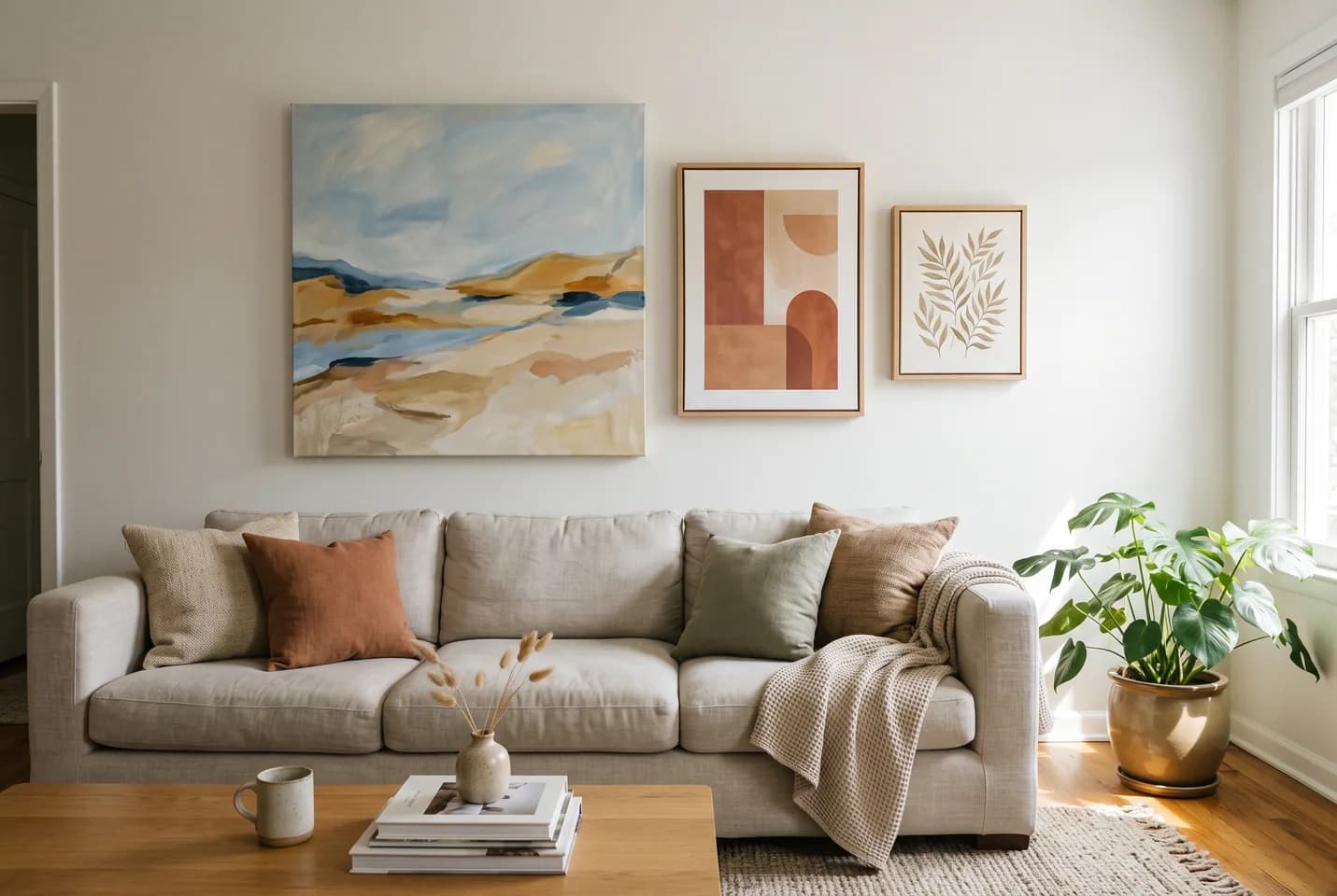 Three pieces of wall art arranged above a sofa in a bright, lived-in home