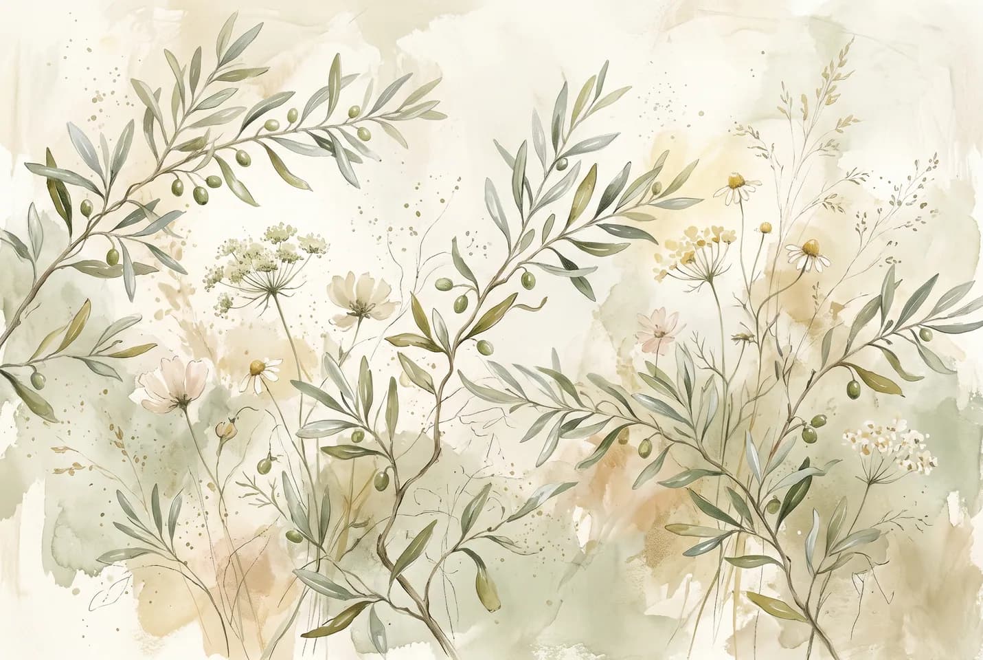 Conceptual illustration: A delicate watercolor of green branches and small white flowers fills a pale background.