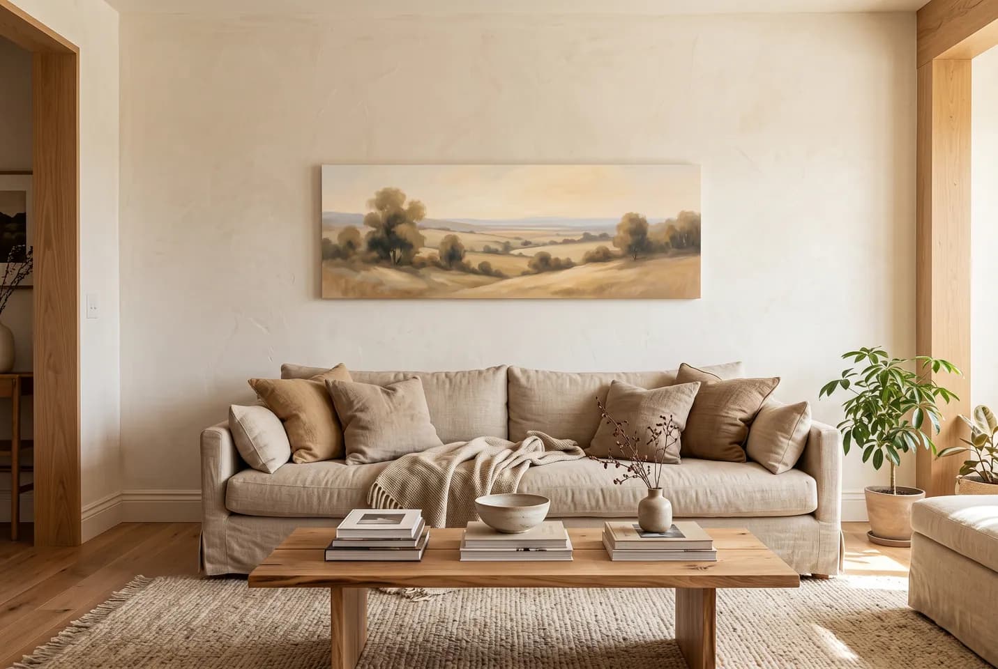 Conceptual illustration: A muted landscape canvas hangs above a light sofa in a spacious living room.