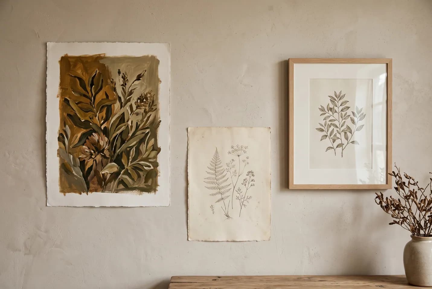 Conceptual illustration: Botanical art is shown as a framed print, an unframed sheet, and a canvas on a wall.