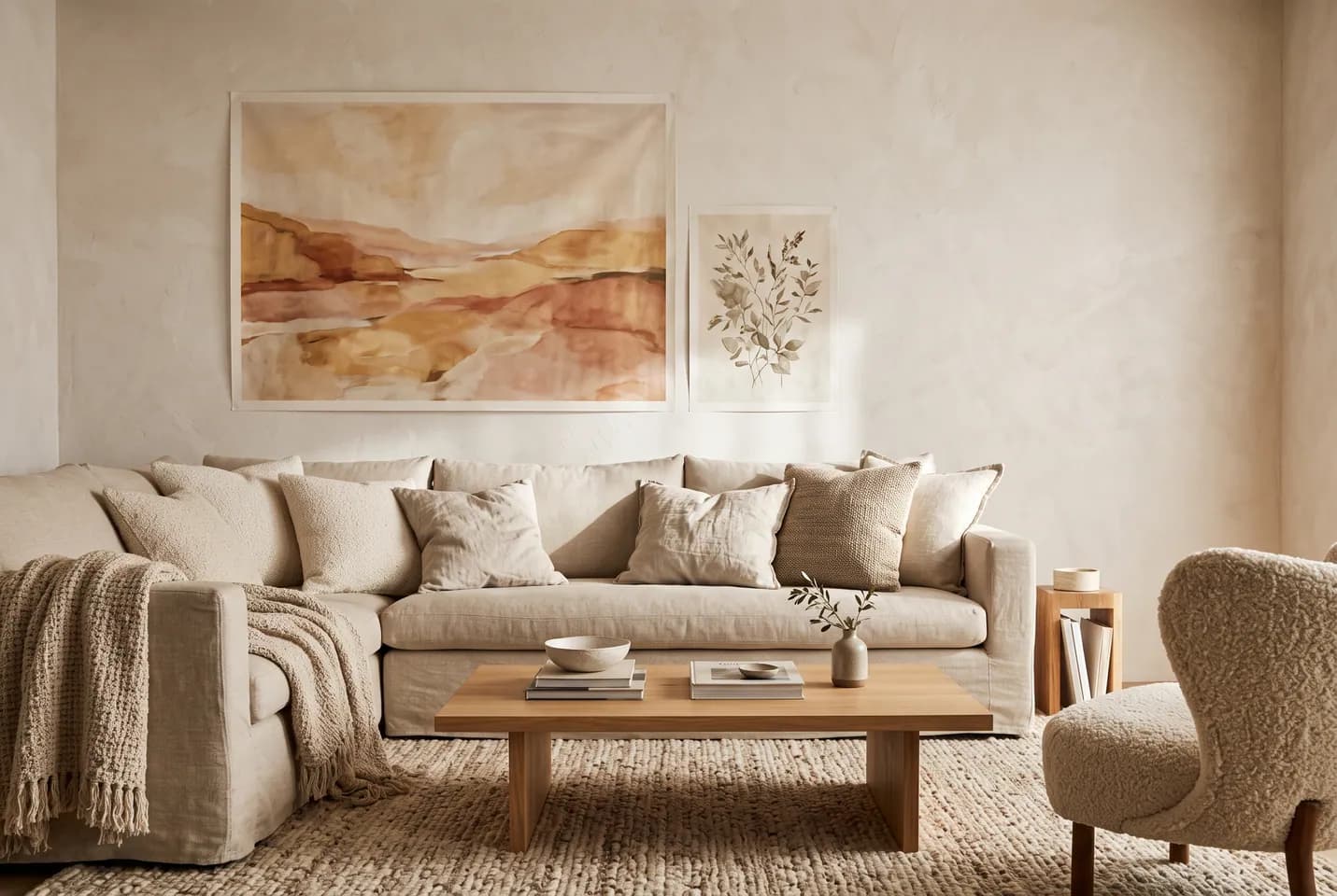 Conceptual illustration: A soft landscape painting hangs above a sofa in a bright living room.