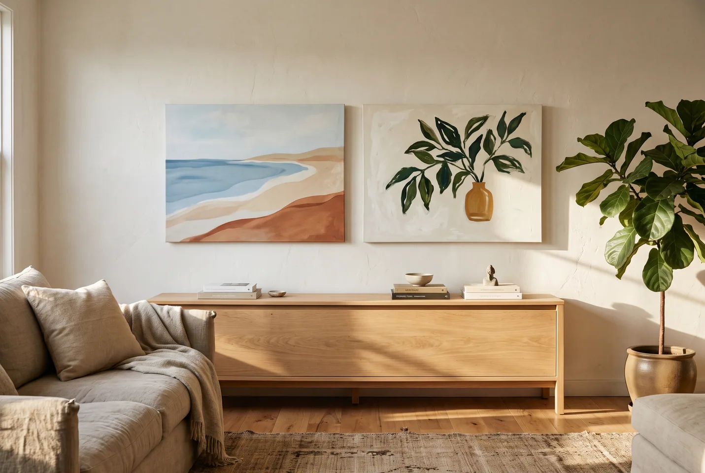 Two differently composed landscape canvases above a sideboard in a warm living room