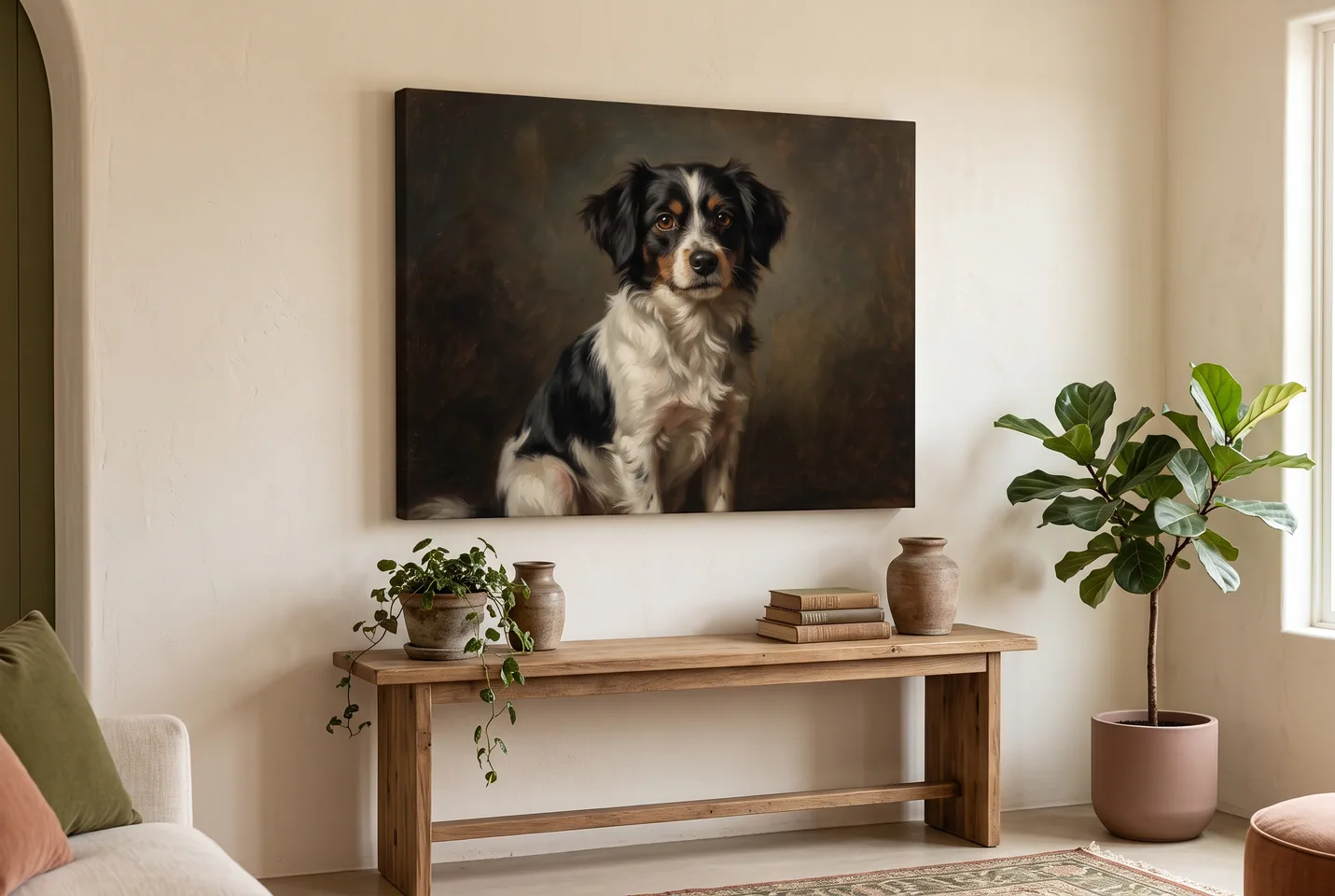A painted dog portrait on canvas above a wooden console in a cozy living room