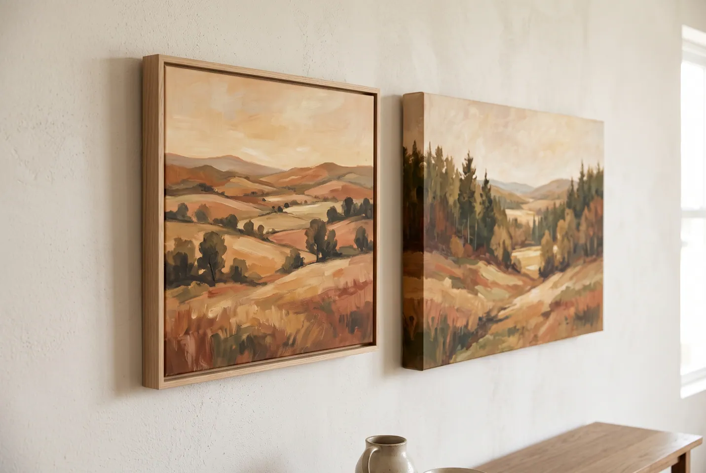 Conceptual illustration: Two autumn landscape paintings hang side by side in a warm interior.