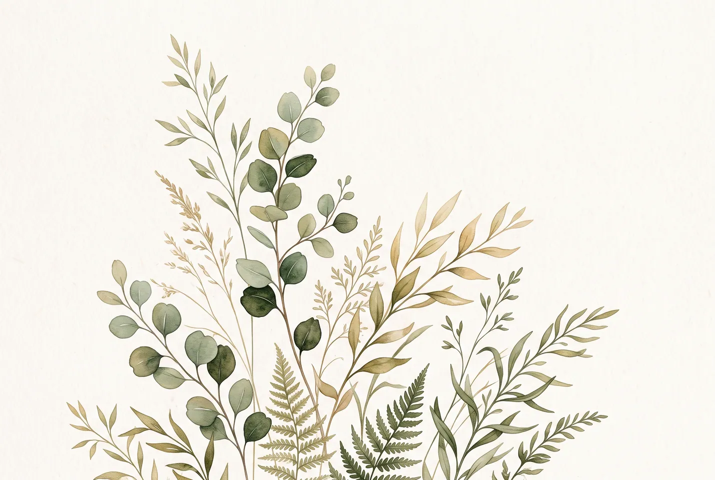 Conceptual illustration: Pale eucalyptus stems with small green leaves on a light cream background.