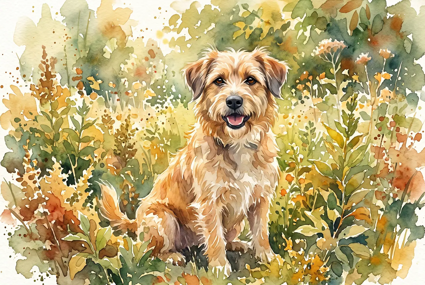 Conceptual illustration: A friendly golden dog portrait is surrounded by green garden foliage.