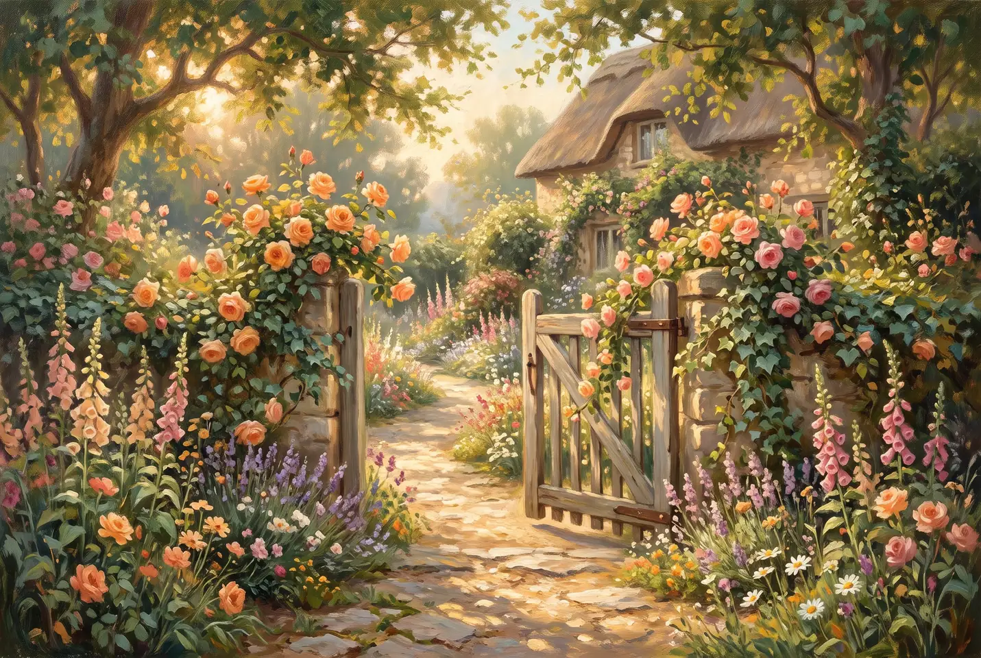 Conceptual illustration: A cottage garden gate opens onto a flower-lined path in warm sunlight.