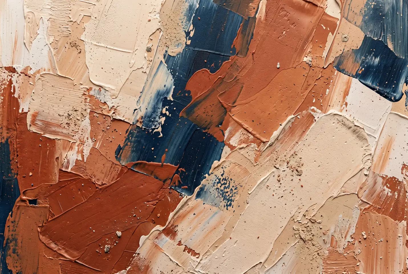 Conceptual illustration: Thick textured strokes of terracotta, cream, and deep blue form an abstract painting.