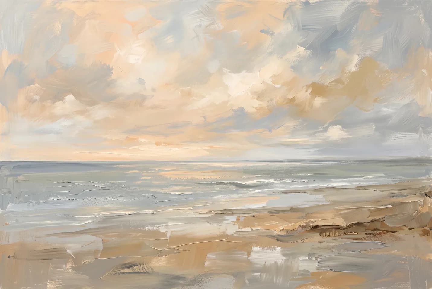 Conceptual illustration: A quiet coastal painting shows a broad pale sky above calm water and shore.