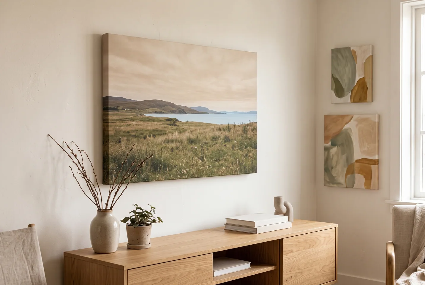 A landscape photo-style canvas above an oak console, with two abstract canvases on a quiet home wall