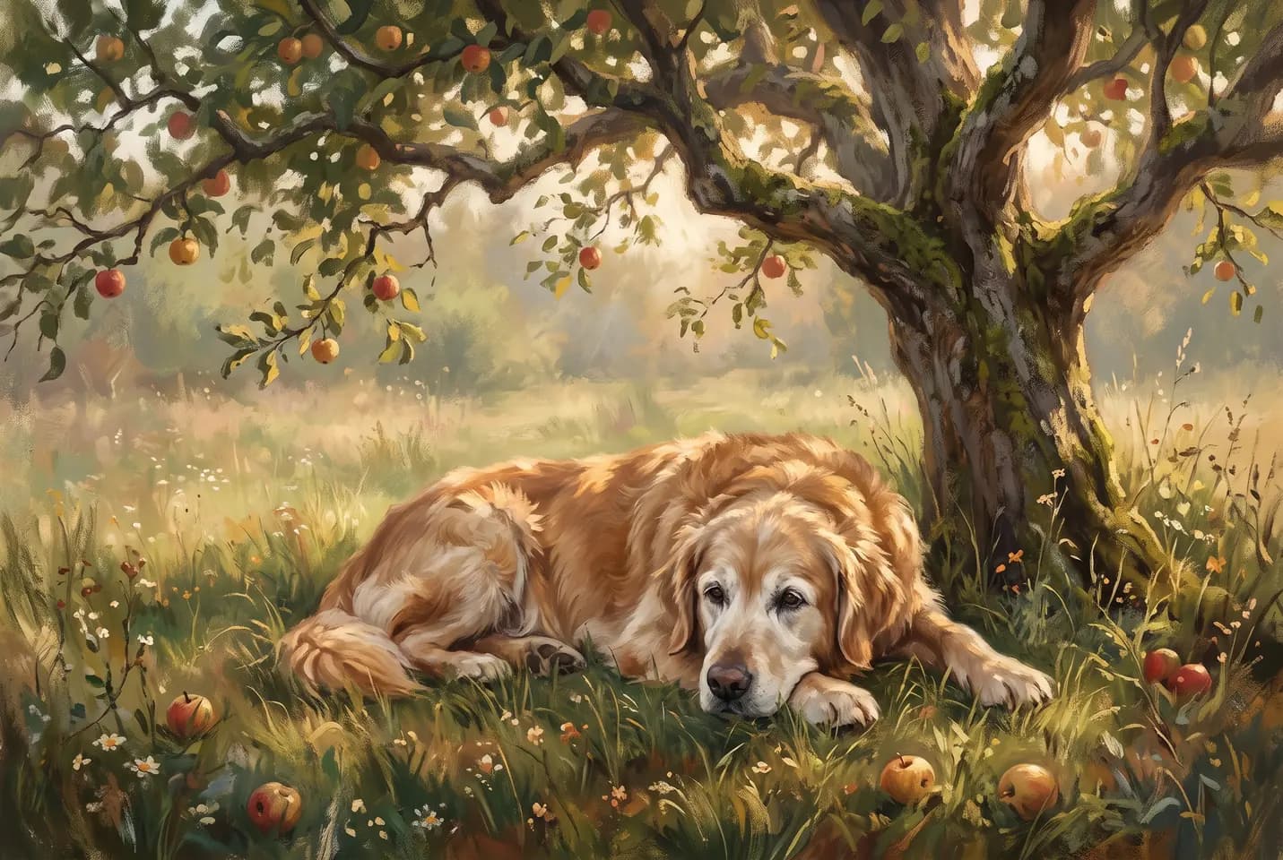 Conceptual illustration: A golden dog rests beneath an apple tree in a sunlit meadow.