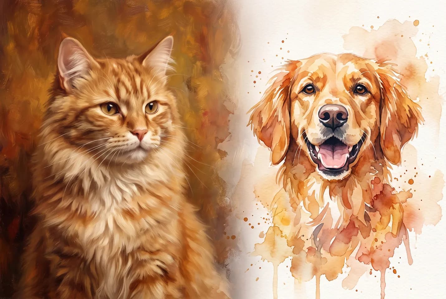 Conceptual illustration: A ginger cat and a golden dog appear in contrasting painted portrait styles.