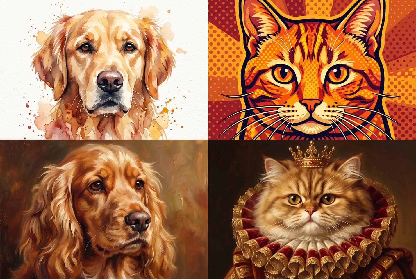 Conceptual illustration: Four pet portraits show a watercolor dog, pop-art cat, oil-painted dog, and a cat in a royal costume.