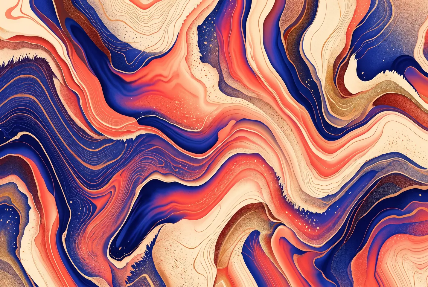 Conceptual illustration: Flowing abstract shapes in coral, blue, and cream fill the canvas.