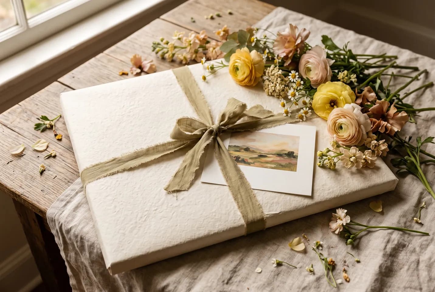 Conceptual illustration: A cream-wrapped art gift tied with twine rests beside flowers on a table.