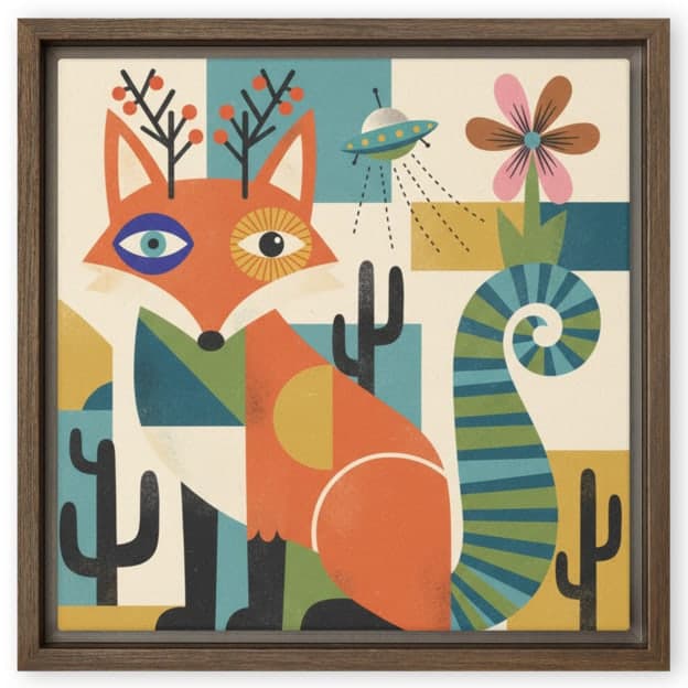 The mid-century style fox artwork as a framed canvas print