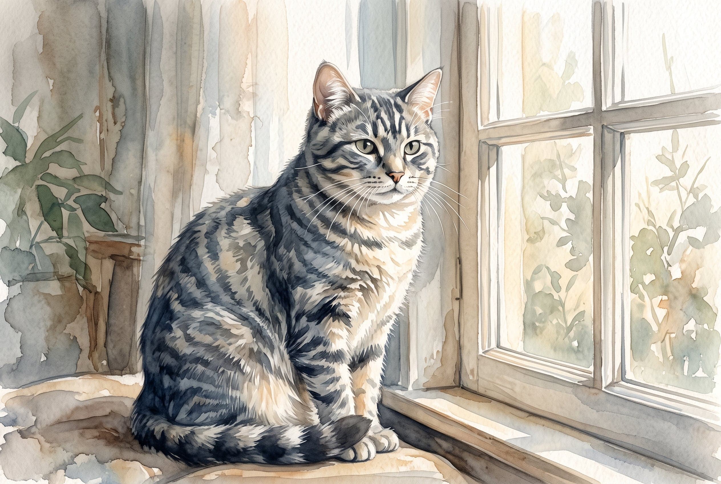 Painted portrait of a gray cat sitting by a window