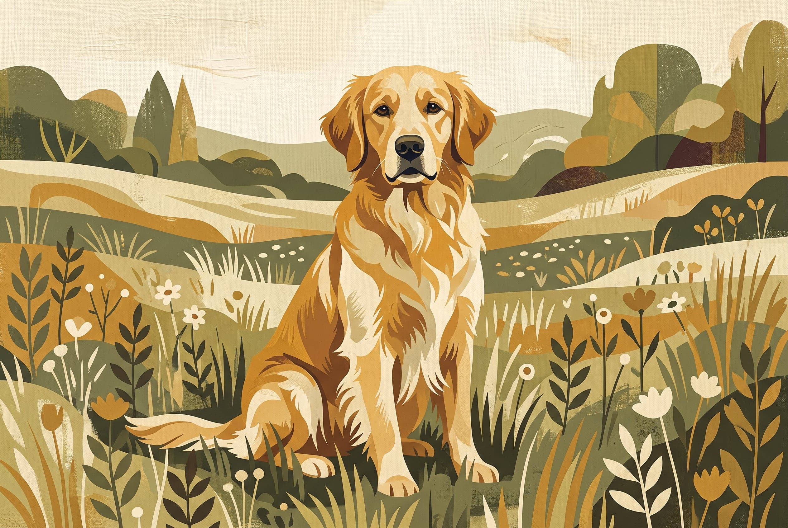 Painted portrait of a golden retriever sitting in a field