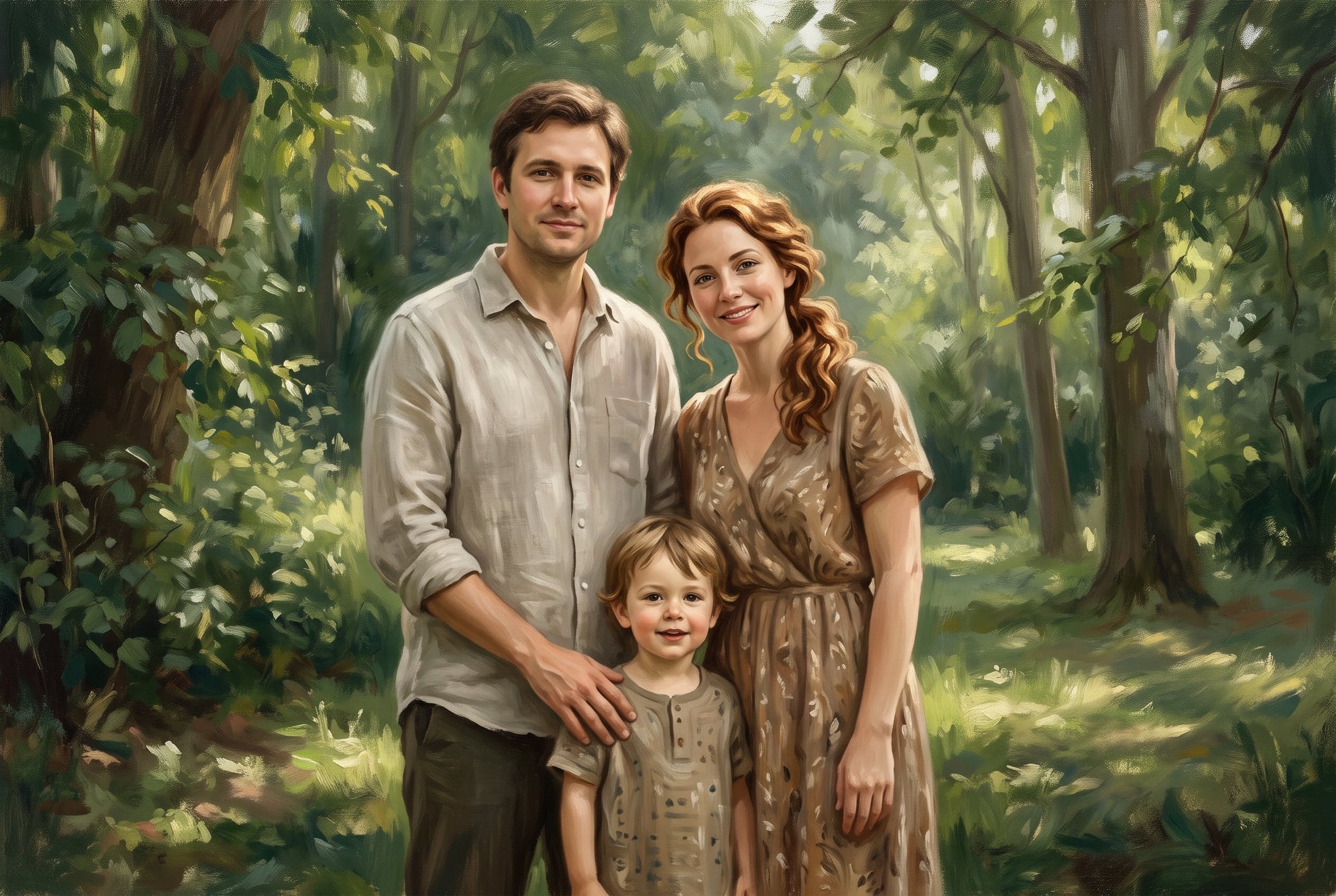 Painted family portrait of two parents and a child outdoors