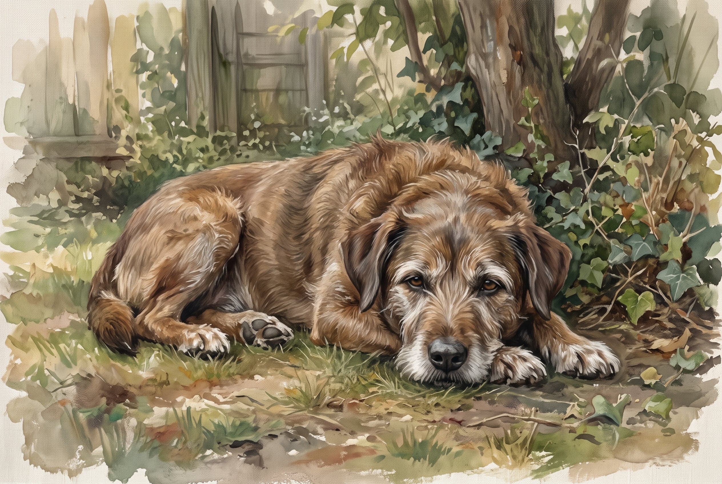 Quiet painted portrait of a small brown dog resting in a garden