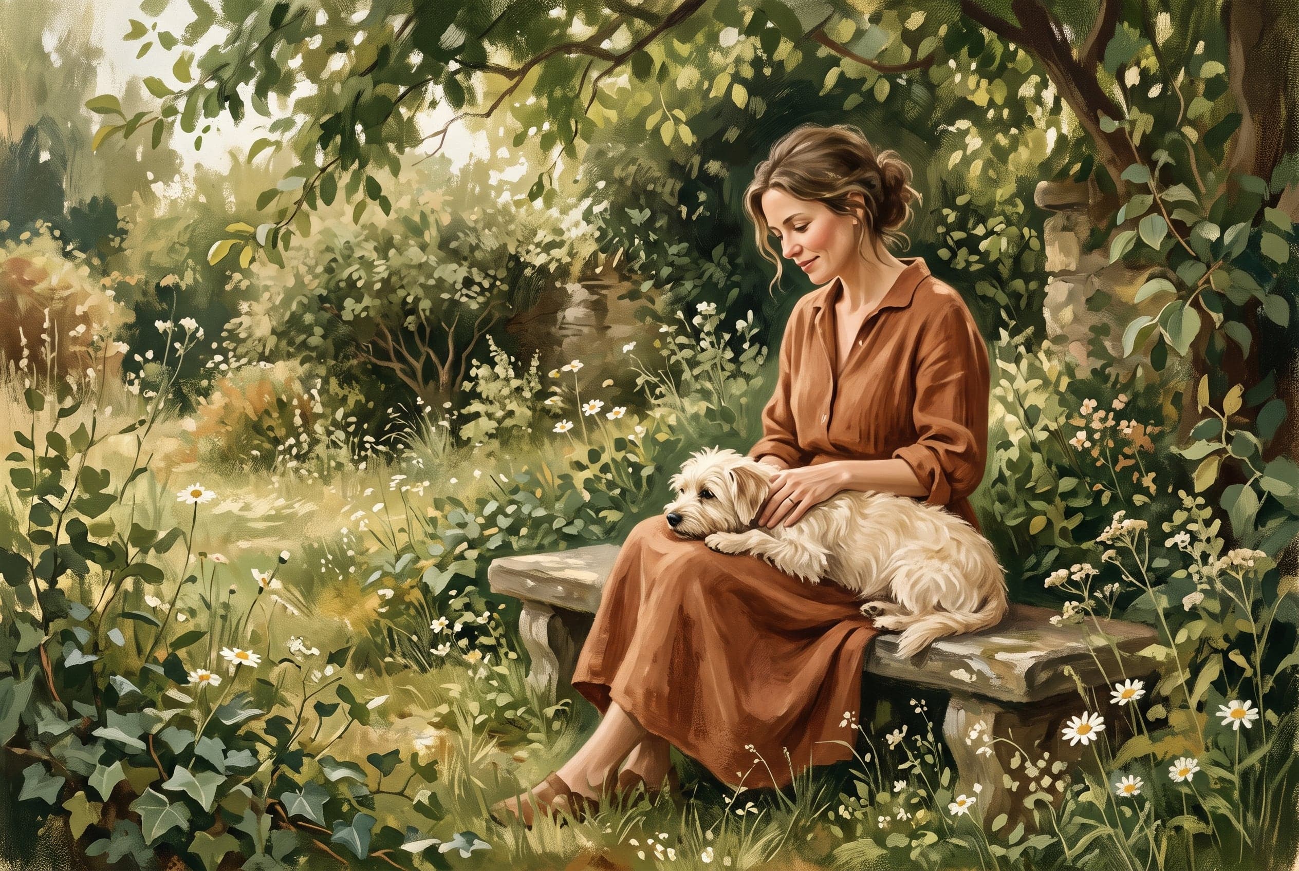 Painterly portrait of a woman and a dog in a garden