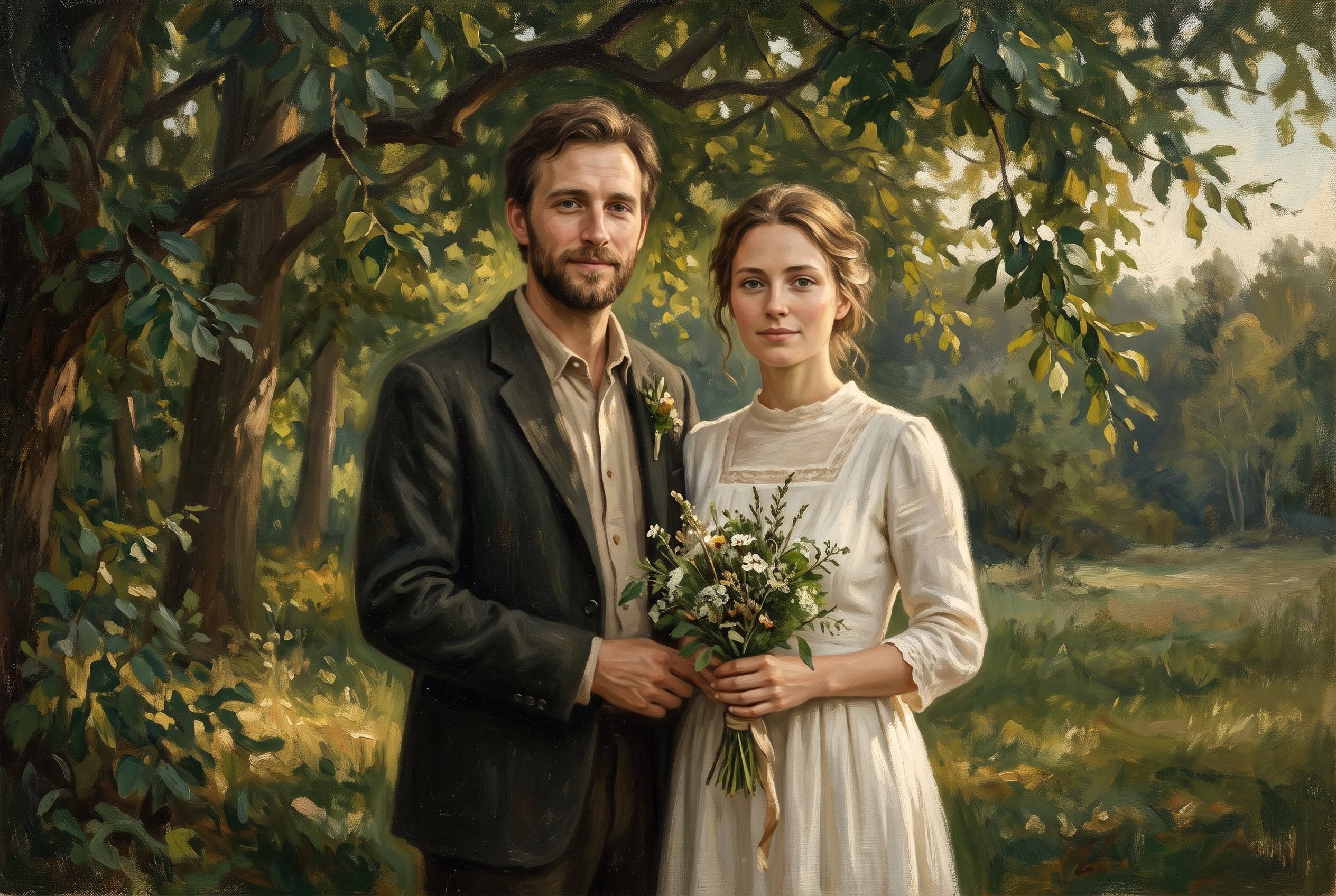 Painted wedding portrait of a couple standing beneath trees